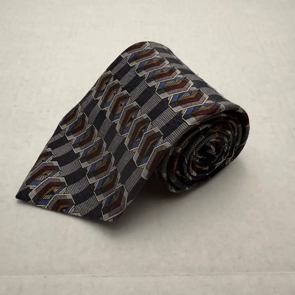Oleg Cassini Silk Tie Gray Geometric Cube Print Black Blue Red Abstract